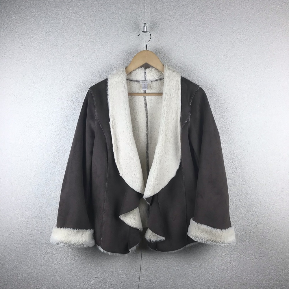 Chico’s l 0 US4 Brown Faux Suede Ivory Faux Fur Soft Fuzzy Ruffled Jacket Blazer